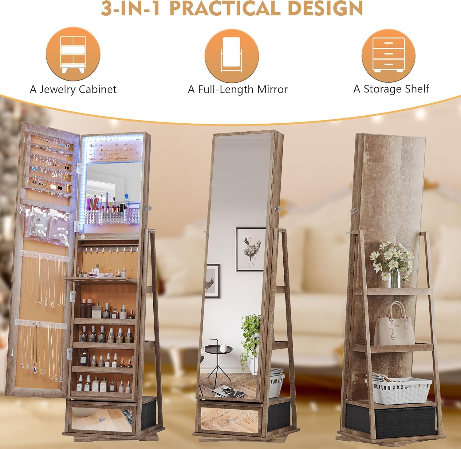 AENKYO 360 Rotating Jewelry Armoire, Lockable Mirror Cabinet with 3-Color Lights - Large Dimmable Organizer Modern Design，Brown