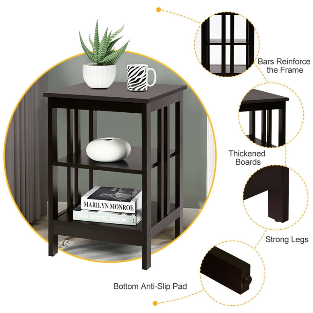 Finihen Side Table, 3-Tier Nightstand Sofa Side Table with Baffles and Round Corners, Bed Side Tables, for Living Room, Bedroom, Dark Brown