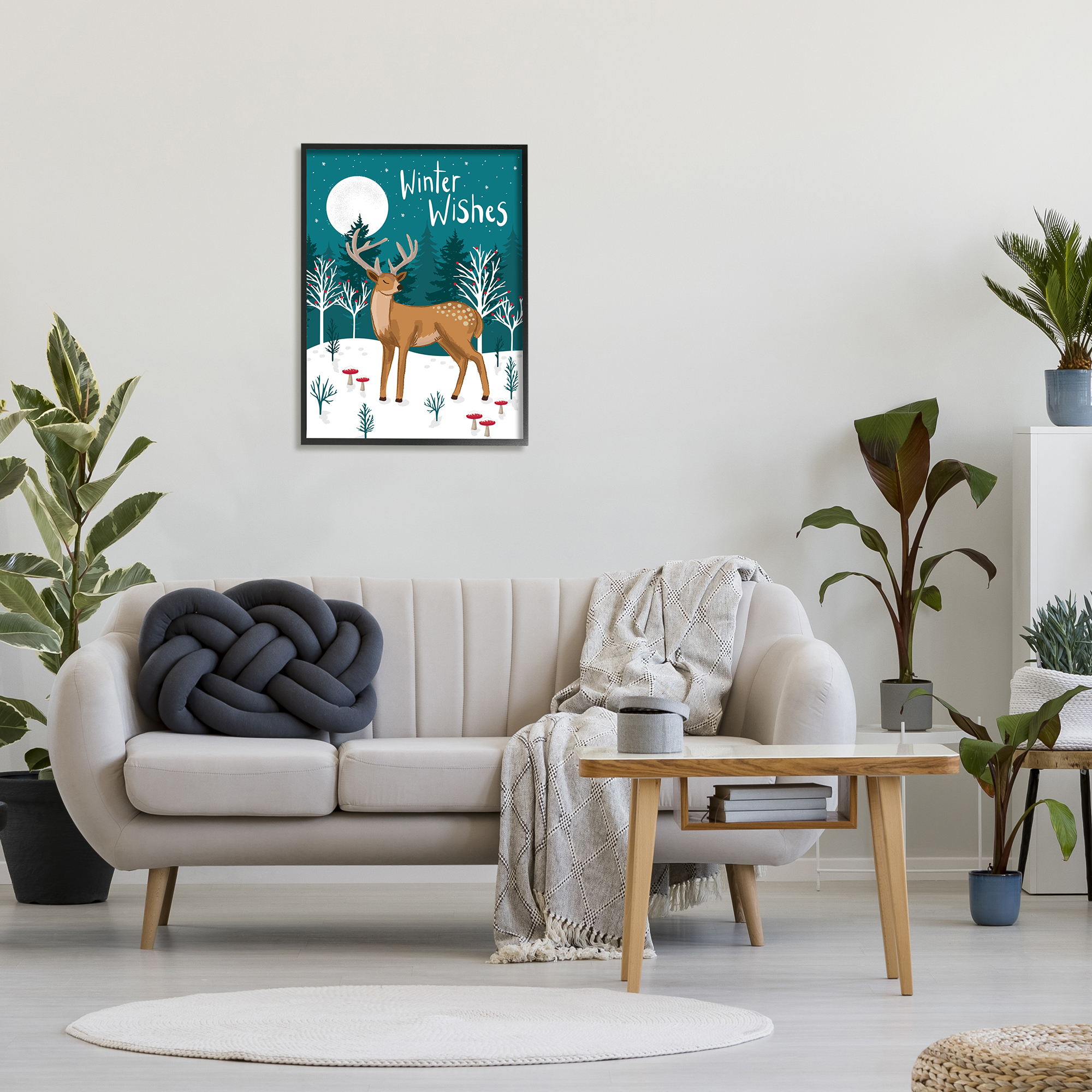 Stupell Industries Winter Wishes Saying Midnight Reindeer Forest Landscape Animals & Insects Painting Black Framed Art Print Wall Art, 24 x 30