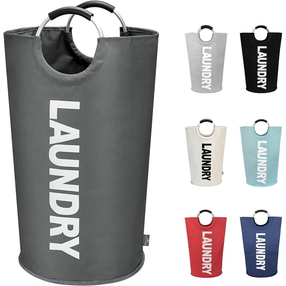 90L Large Laundry Basket, Collapsible Laundry Bag, Freestanding Tall Clothes Hamper, Foldable Washing Bin (Dark Grey)
