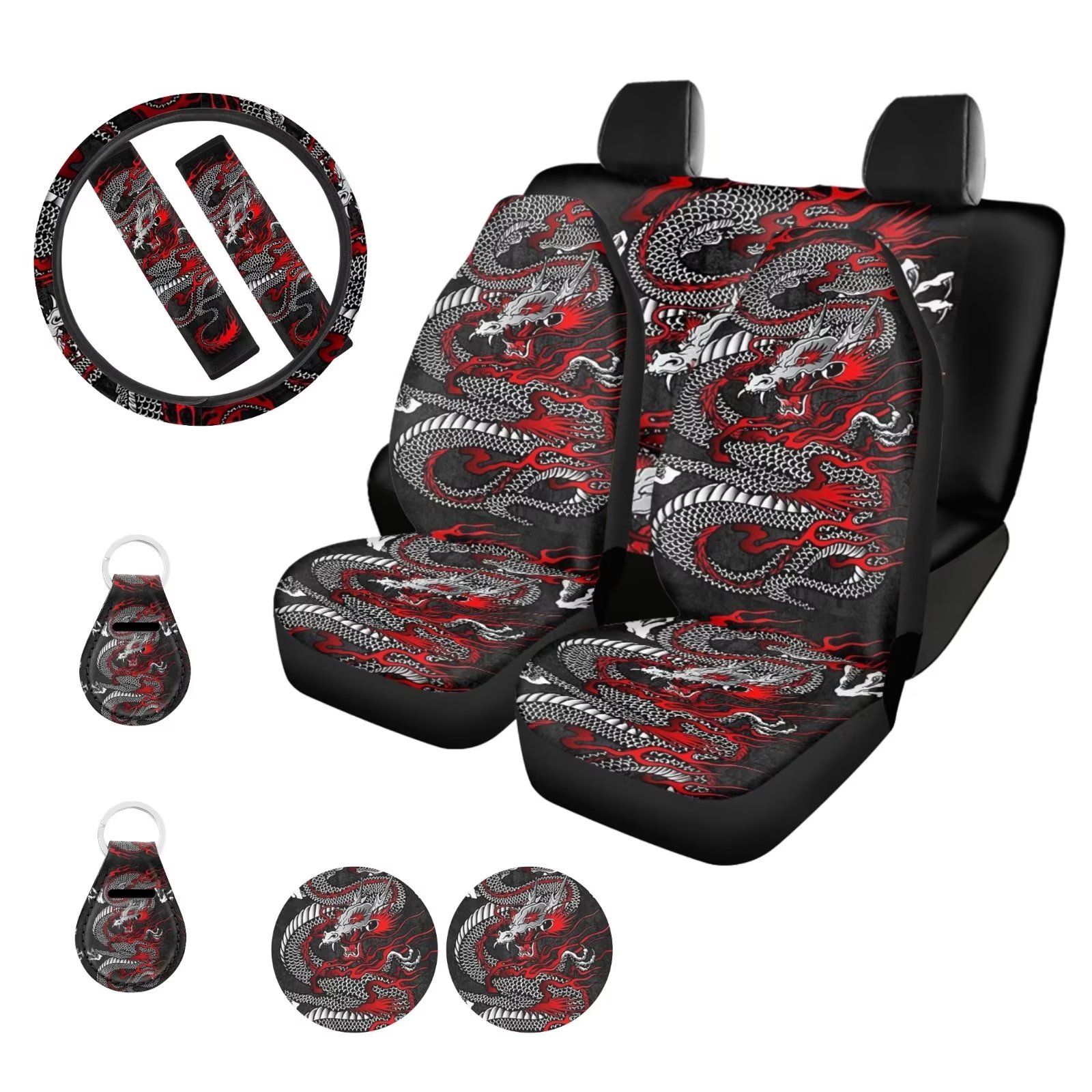 FKELYI Red Dragon Car Seat Covers 11 Packs Automobile Backrest Cover with Seatbelt Covers Car