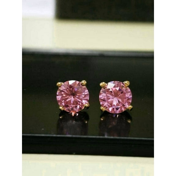 2ct Round Cut Lab-Created Pink Diamond Solitaire Stud Earrings 14K Yellow Gold Plated