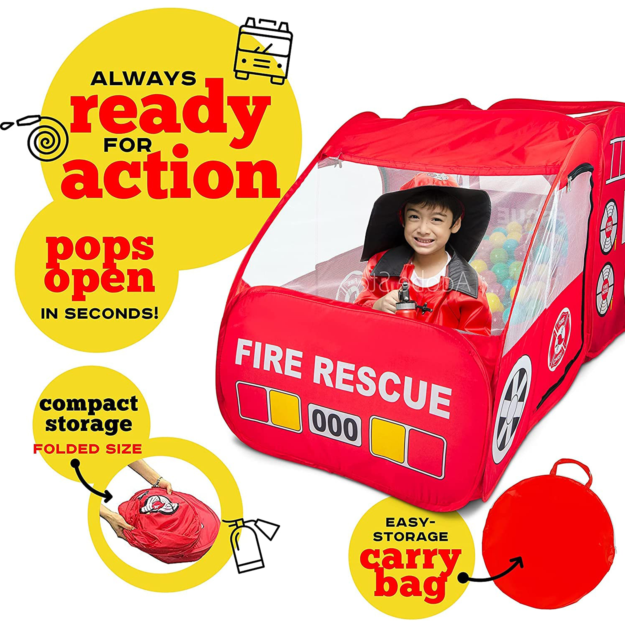 Kiddzery Pretend Playhouse Fire Truck Pop Up Play Tent for Kids with Siren Sound, Red - image 3 of 9