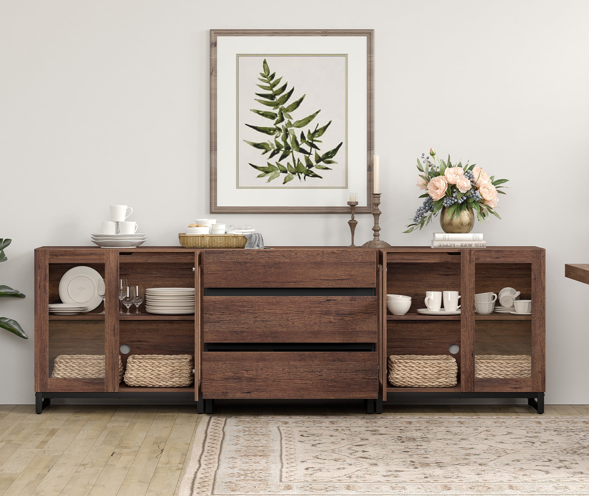 3 In 1 Modern Sideboard With Glass Doors And 3 Drawers,Storage Cabinet With Adjustable Shelves for Living Room, Kitchen,Brown
