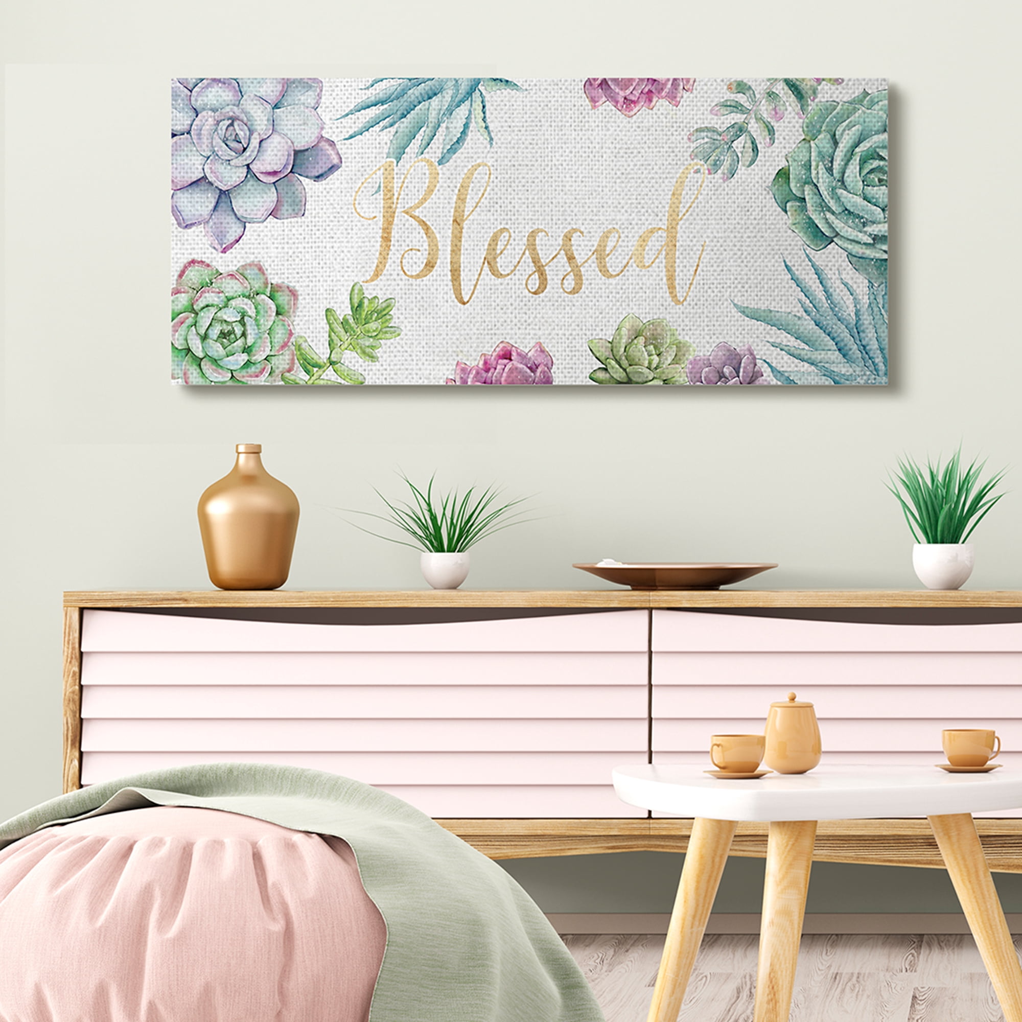 Stupell Industries Chic Blessed Expression Purple Succulent Greenery Botanical & Floral Painting Gallery Wrapped Canvas Art Print Wall Art, 20 x 48