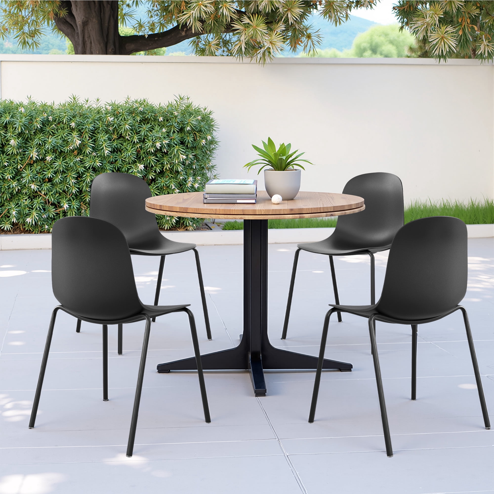 MAYEERTY Black Set of 4 Modern Stackable Plastic Waterproof Dining Chairs, Metal Legs, Indoor/Outdoor Use