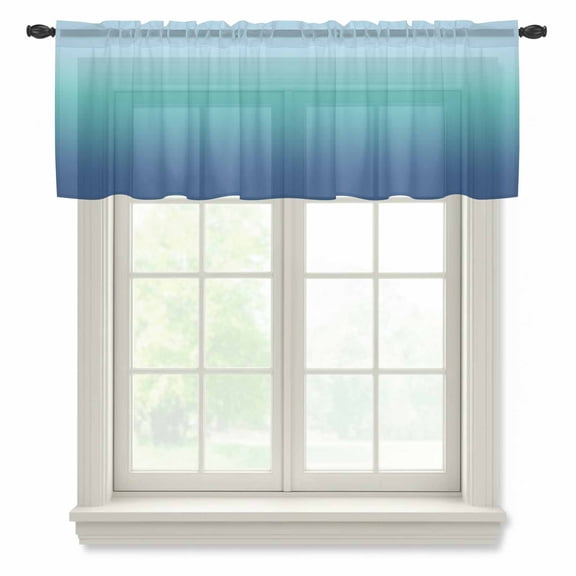 Teal Blue Ombre Valance Curtains for Kitchen/Living Room/Bathroom/Bedroom Window, Rod Pocket Small Topper Half Short Window Curtains Voile Sheer Scarf, Modern Abstract Art Gradient Aesthetics 60"x18"