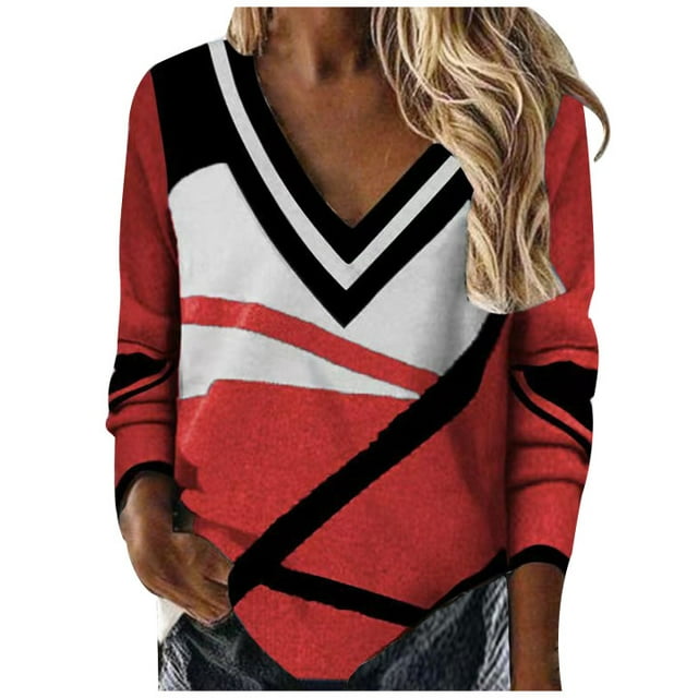 RKSTN Sweaters for Women V Neck Long Sleeve Fall Patchwork Printed Color Block Casual Loose Tops