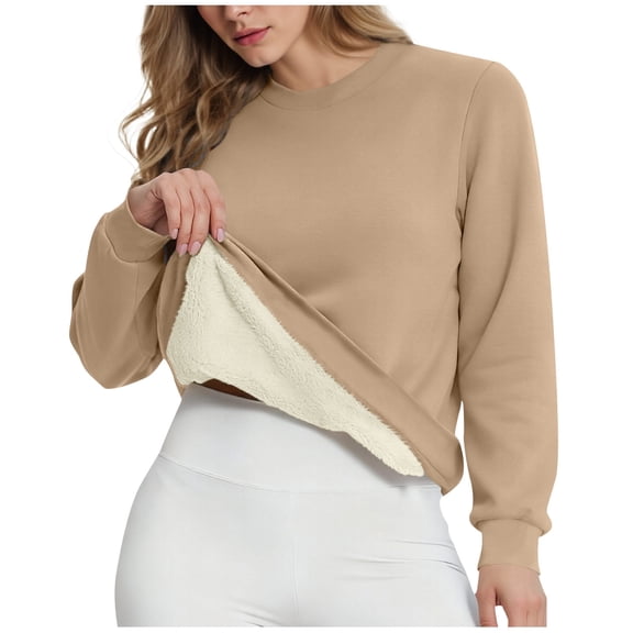 BLTIBY Fleece Lined Sweatshirt for Women Casual Crewneck Sherpa Pullover Thermal Solid Color Long Sleeve Tops Fall Winter Clothes Khaki S