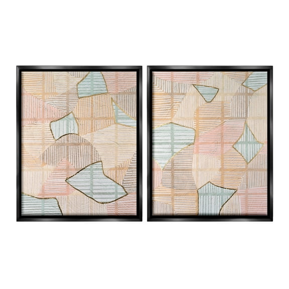 Stupell Industries Shapes on Stripes Pattern Abstract Painting Black Floater Framed Canvas Art Print Wall Art, 17 x 21, Set of 2