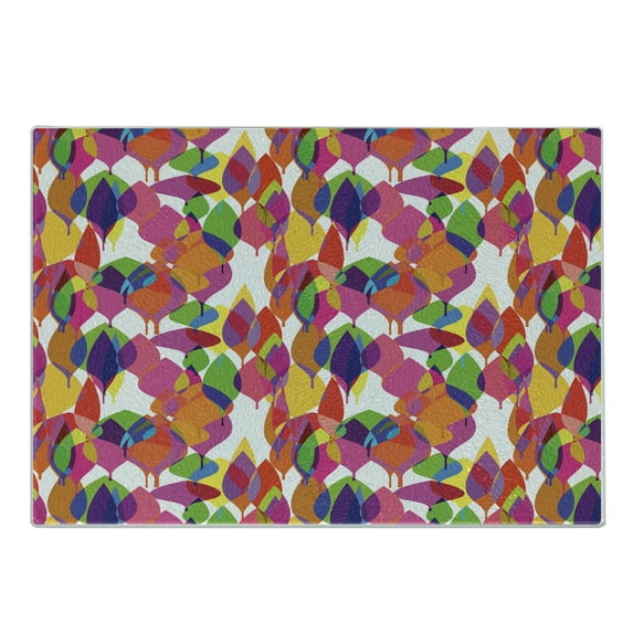 Colorful Cutting Board, Nature Inspired Botanical Motif with Abstract Quirky Leaves on Plain Background, Decorative Tempered Glass Cutting and Serving Board, in 3 Sizes, by Ambesonne