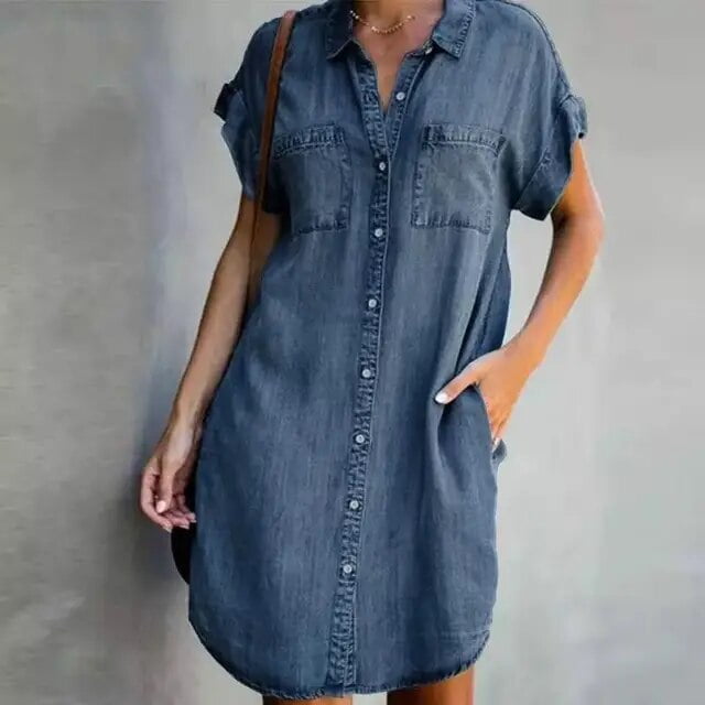 2023 Été Col à Revers Manches Courtes Robe en denim Ajustée Chemise Longue en denim Femme