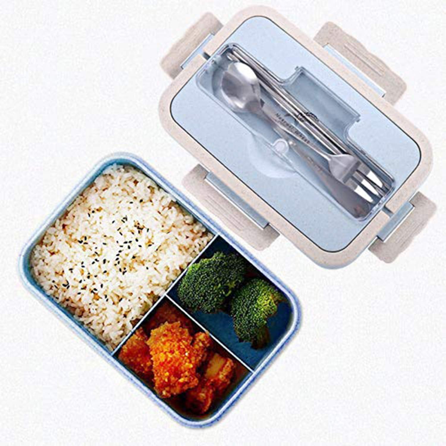 SunAurora Bento Lunch Box,Natural Wheat Lunch Box,Leakproof Bento Box with Handle and Tableware,1000 ML Blue 