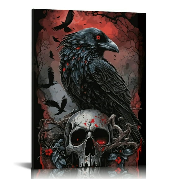 Vintage Halloween Crow, skeleton Canvas Wall Art Painting，Gothic Print Pictures for Home Wall Decor Retro Horror Creepy Dark Posters for Living Room Bedroom Bar Home Halloween Party Decor Framed ﻿
