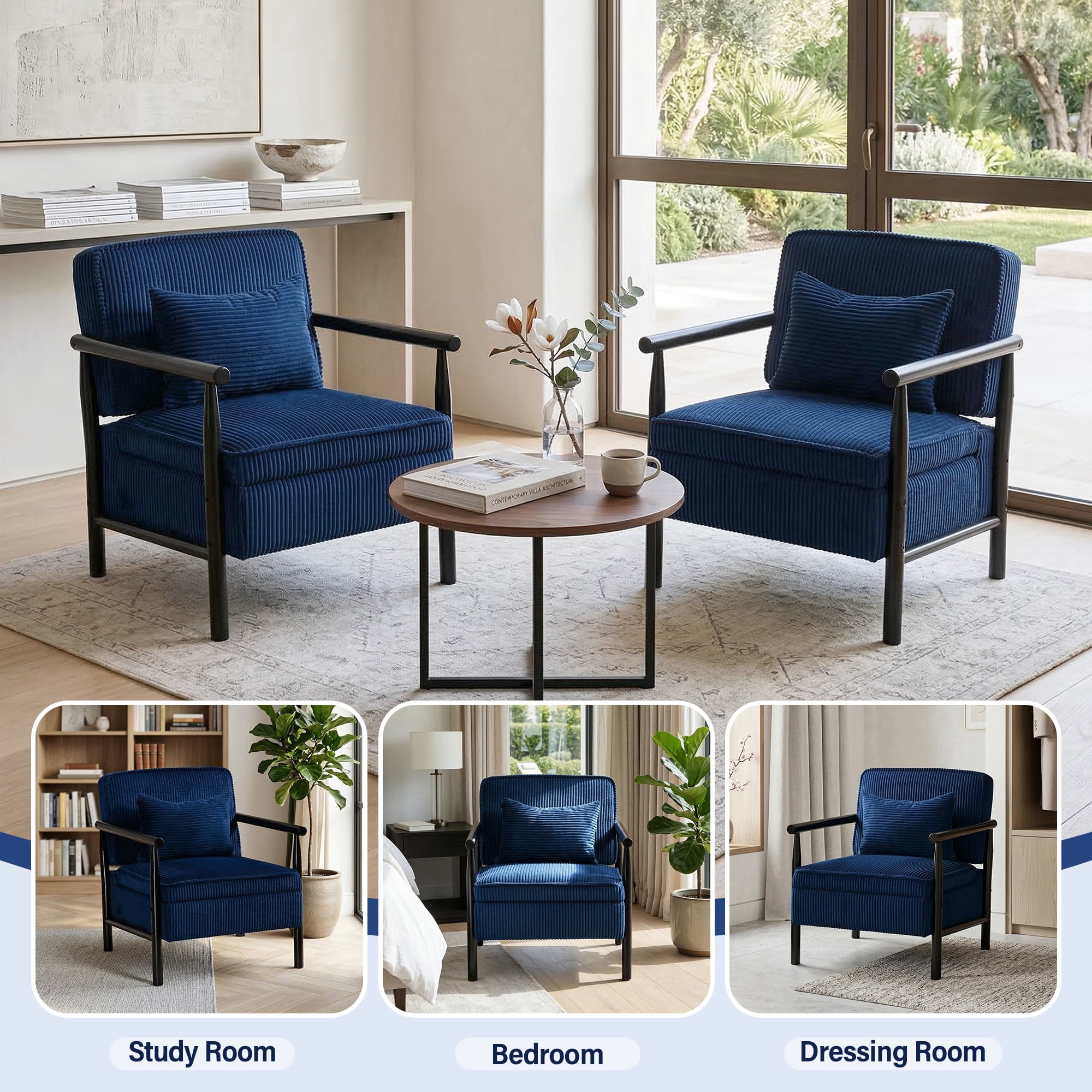 Aukfa Upholstered Accent Chair with Storage Seat & Waist Cushion, High-Density Lounge Armchair for Living Room Bedroom,Blue