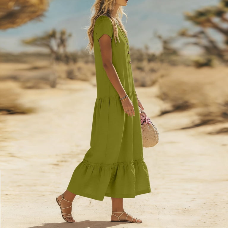 Hinvhai Summer Maxi Dresses for Women Spring Fashion Cotton Short Sleeve Button V Neck Pleated Loose Tiered Swing Flowy Dress Green L(l), Women's, Hinvhai Summer Maxi Dresses for Women Spring Fashion Cotton Short Sleeve Button V Neck Pleated Loose Tiered Swing Flowy Dress Green L(l), Women's,