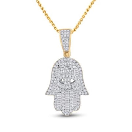 Pendant Necklace Small Hamsa Hand 10K Yellow Gold Lucky Charm Natural baguette Diamond 1/2 cttw 2inch Tall 15mm Bale 4in Plated Rope Silver Chain 20in Length Jewelry Men Women