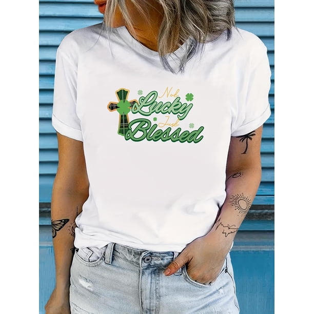Women's St. Patrick's Day "Lucky and Blessed" Graphic T-Shirt - Royal Blue, Casual Polyester Blend, Short Sleeve, Round Neck, Machine Washable, Everyday Tshirt|Playful Design|Stretchable Top