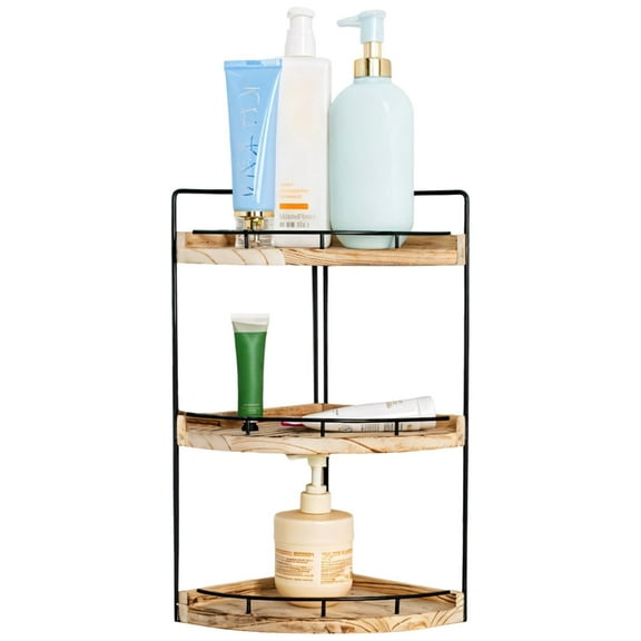 3-Tier Acacia Wood Bathroom Corner Shelf - Metal Frame Space Saving Storage Organizer for Countertop, Rustic Stable Bathroom Decor
