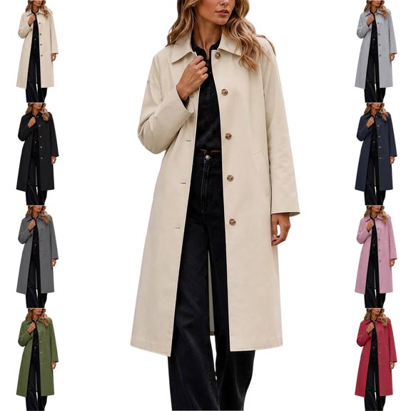 TGSLY Long Trench Coat for Women Lightweight Collared Single Breasted Button Outerwear Loose Casual Solid Color Long Sleeve Jacket with Pockets L