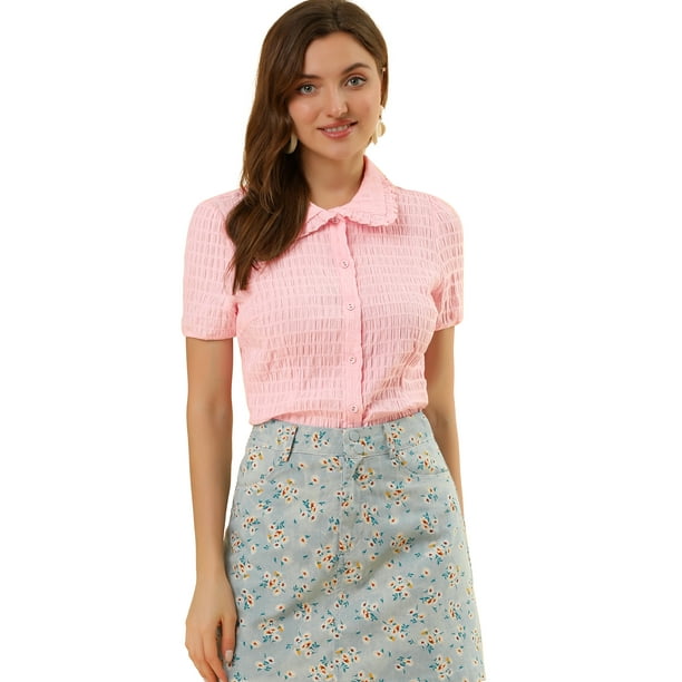 Camisa De Manga Corta Suave Con Botones Y Cuello Peter Pan Dulce Para Mujer Rosa claro M