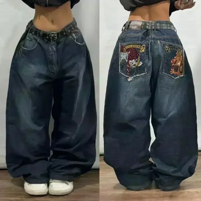 Womens Polyester Printed Oversized Baggy Wide Leg High Waist Full Length Jeans