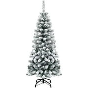 4.5ft Artificial Snow Flocked Christmas Tree, Unlit Pencil Hinged Pine Tree with Metal Stand, Snowy Tree for Indoor and Outdoor