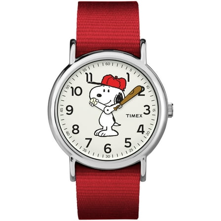 Timex x Peanuts Unisex Weekender 38mm Watch – Snoopy with Red Fabric Slip-Thru Strap