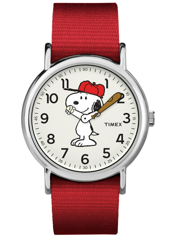 Timex x Peanuts Unisex Weekender 38mm Watch  Snoopy with Red Fabric Slip-Thru Strap