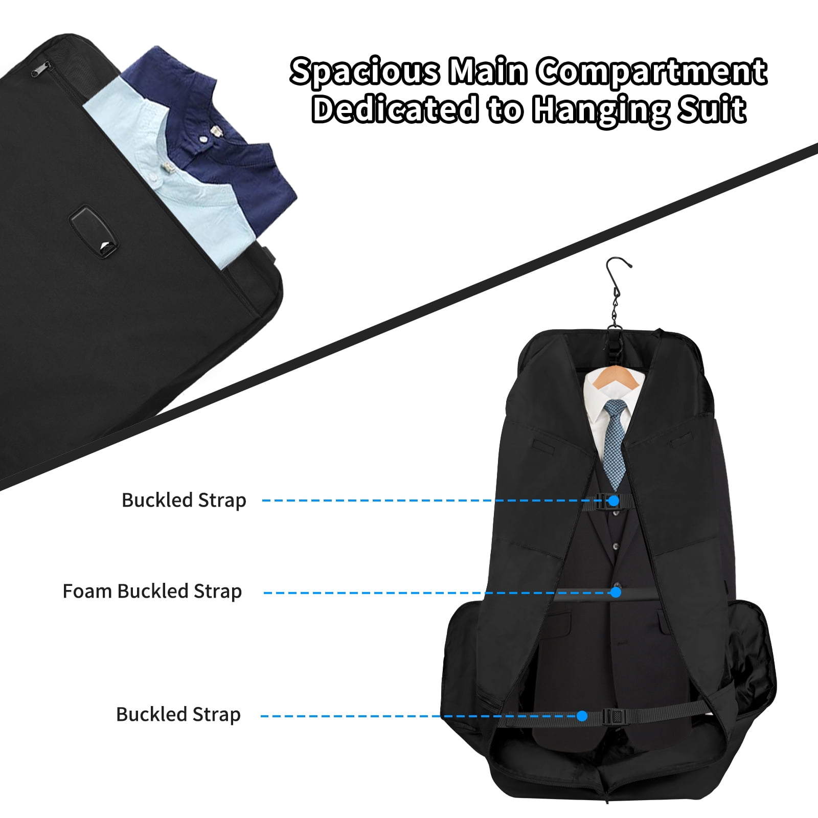 Garment Bags for Travel, Lychee Large Foldable Carry On Garment Bags with Shoulder Strap for Men Women, Business Luggage Suits Case Bag for Hanging Clothes, Black