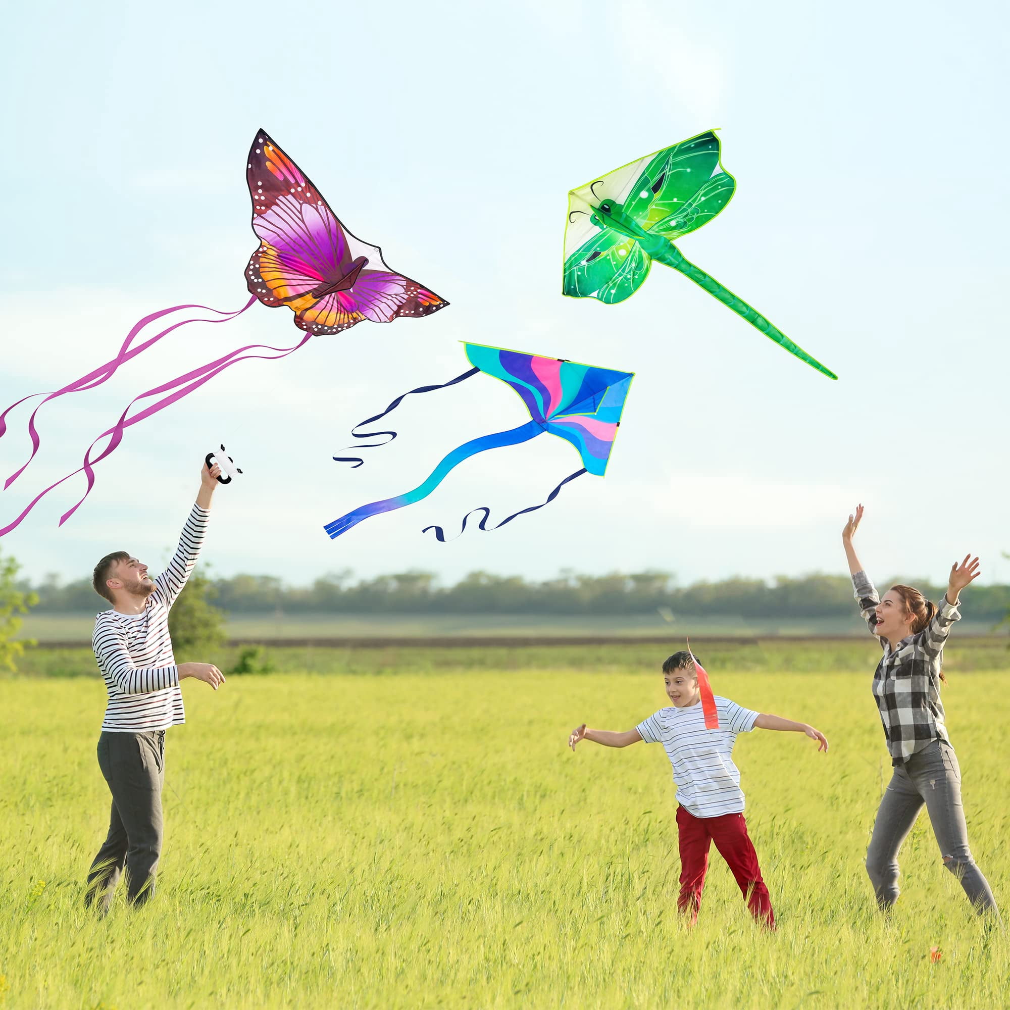 Crogift 3-Pack Large Kite Set Butterfly, Delta, and Dragonfly Easy to Fly Polyester Kites for Kids Ages 4-8 8-12 and Adults