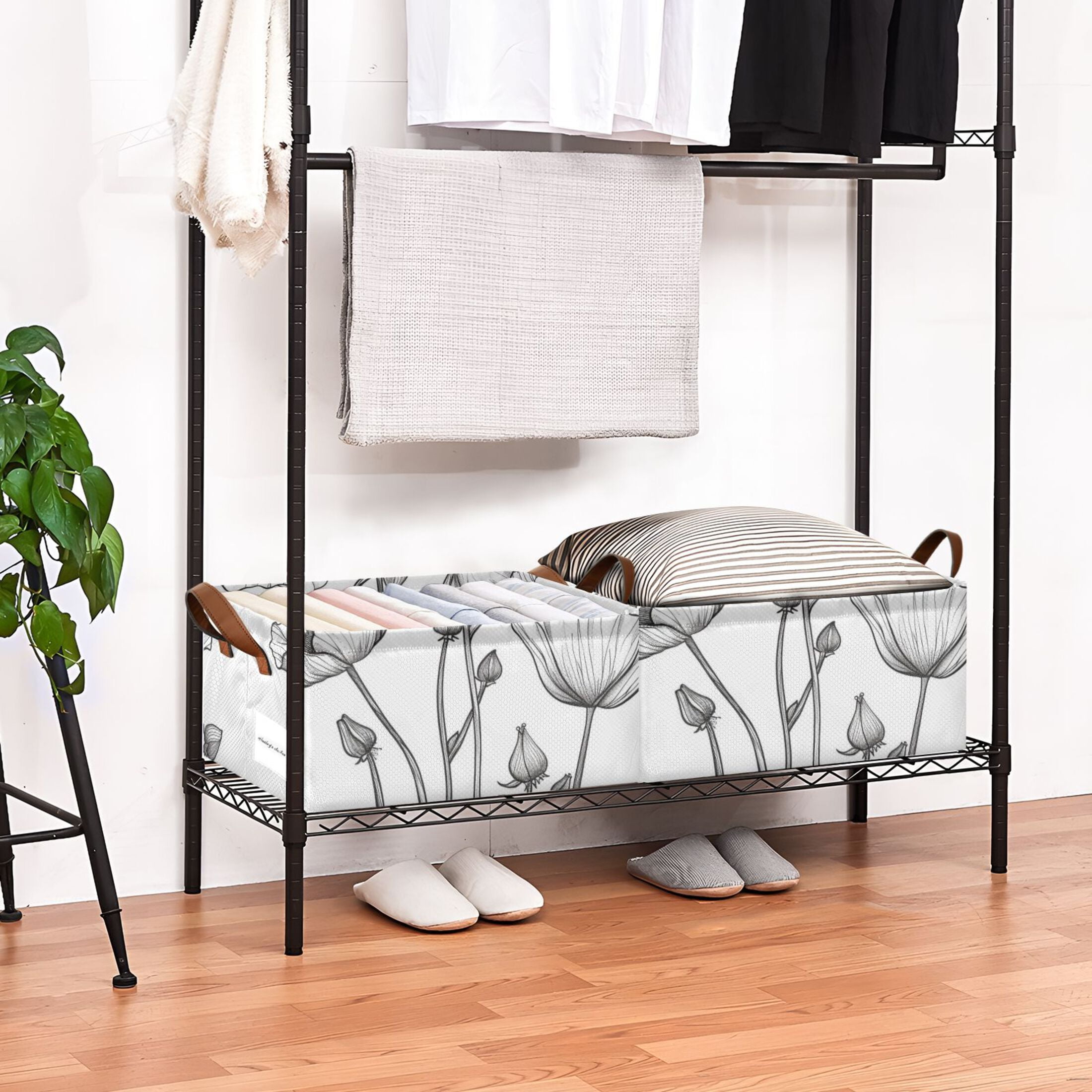 Black Line Flowers Storage Bins with Handles Foldable Storage Baskets for Shelves Organizer Cloth Baskets