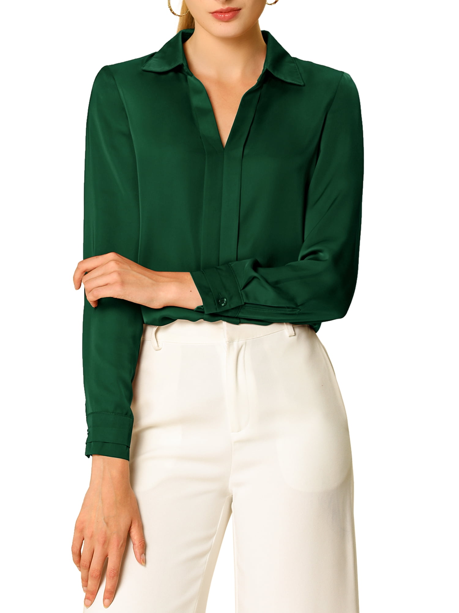 DARING DIVA Women's V Neck Classic Work Office Long Sleeve Shirt XS Dark Green