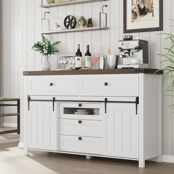 NEILA Farmhouse 5 Drawers Dresser for Bedroom with Sliding Barn Doors, Wood Dresser & Chest of Drawers, Rustic Dresser TV Stand, Dresser Organizer for Bedroom, Living Room, White