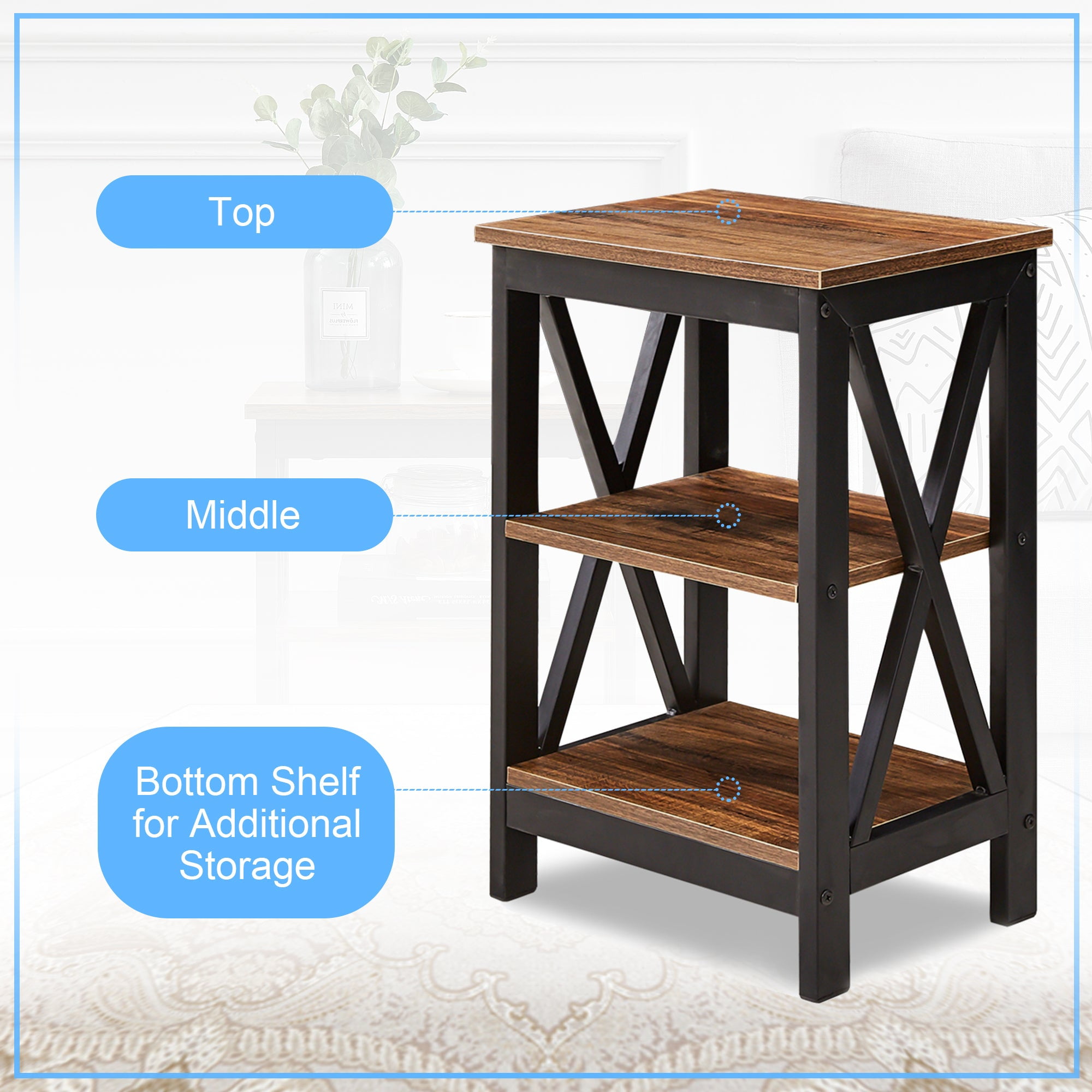 VECELO Set of 2 Nightstand with 3-Tier Shelf, Side End Table for Living Room, Bedroom, Brown
