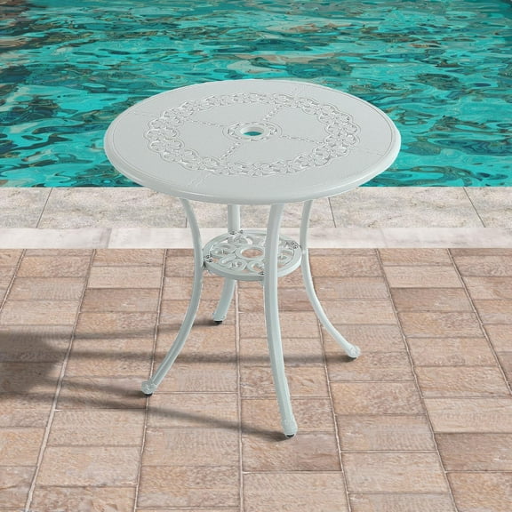 Clihome Round Patio Table with Umbrella Hole Outdoor Side Table Cast Aluminum Patio Dining Table Bistro Table Patio Side Table for Balcony, Porch, Backyard, Garden(White) B