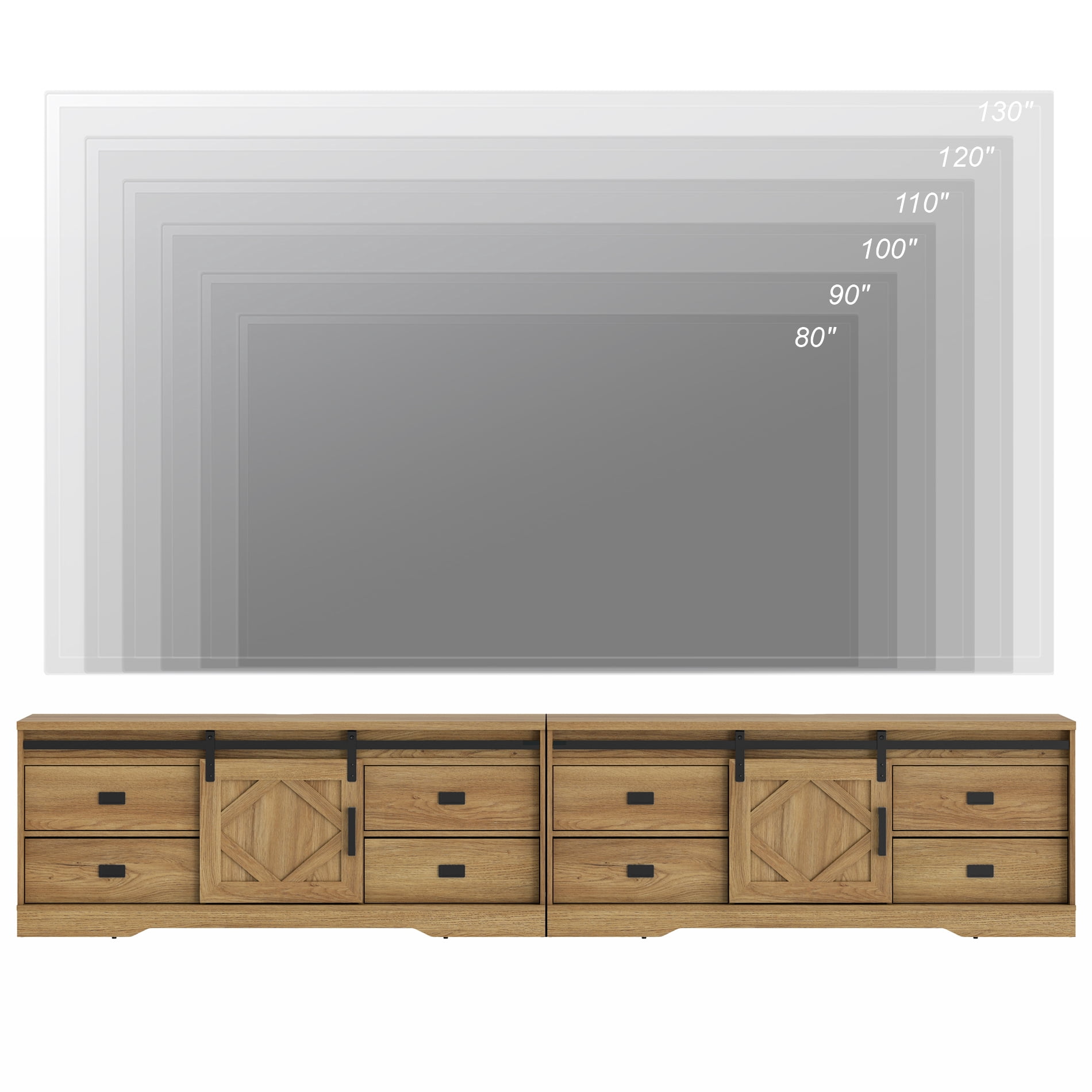 WAMPAT 2 in 1 Modern Farmhouse TV Stand for 130" TV with Barn Door & Rub Through Distressing, Wood Entertainment Center with Drawers and Storage Cabinet for Living Room,Vintage Oak