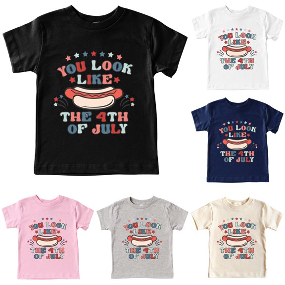 VNKIDY Toddler Kids Independence Day Crew Round Neck Short Sleeve Hot Dog Star Holiday Letter Print T-Shirt Soft Loose Summer Casual Tee Tops For Little Boys Girls Soft Tops Black 13-14 Years