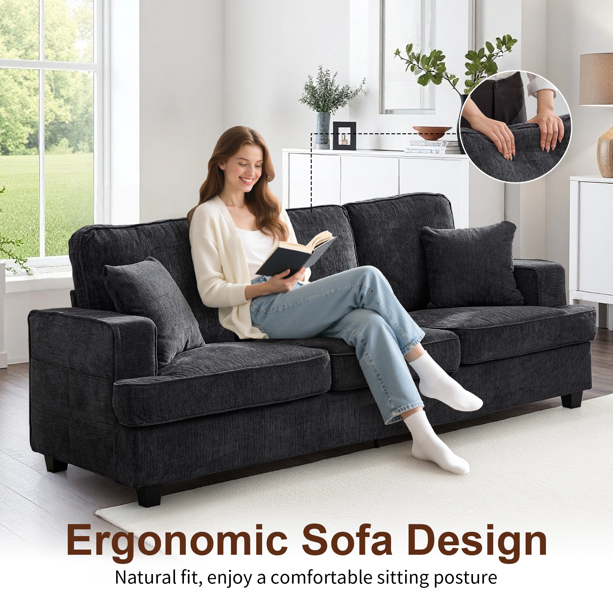 Korser 89" Chenille Sofa 3 Seater Couch with Extra Upholstered Deep Seats for Living Room,Removable Cover,Assembly Required,Grey