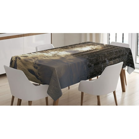 Rhys Bowen Christmas Winter Tablecloth, Christmas Season with Snow and Frozen Forest Sun Rays Very Cold Woods Scenery, Rectangular Table Cover for Dining Room Kitchen, 52 X 70 Inches, Brown Pale Yellow, by Ambesonne ()
