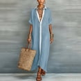 thumbnail image 6 of Mgmyaa Women's Summer Casual V-Neck Short Sleeve Long Dress, Contrast Button Down Shirt Dress with Side Slits, Loose Fit Maxi Length for Beach Vacation, 6 of 9