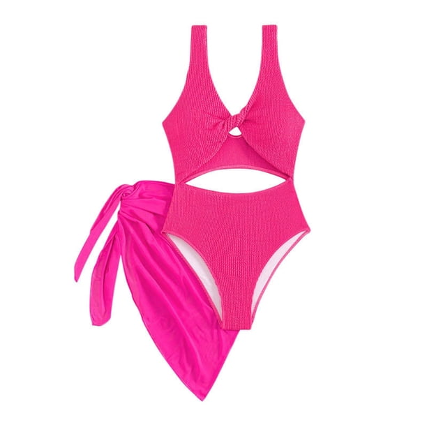 Gibobby Bañador de Bikini Bikini de cintura alta para mujer, traje de baño de cuello bajo de Color sólido rosa, conjunto de ropa interior deportiva de 3 (Rosa caliente,G)