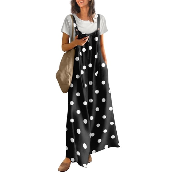 Women's Polka Dot Jumpsuit, Casual Wide Leg Bib Overalls with Pockets, Loose Fit Sleeveless Dot Print Summer Rompers Long Pants