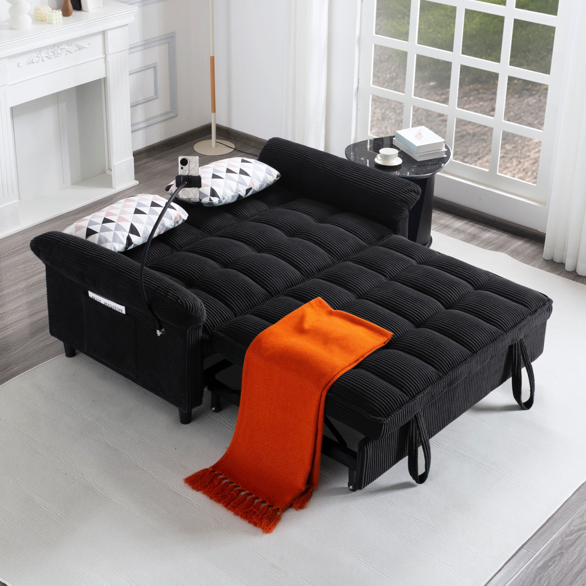 BSHTI 58.27" Corduroy Convertible Sofa Bed with Pull Out Sleeper, 3-Position Backrest, Storage Pocket for Living Room Guest Room, Black（Black）