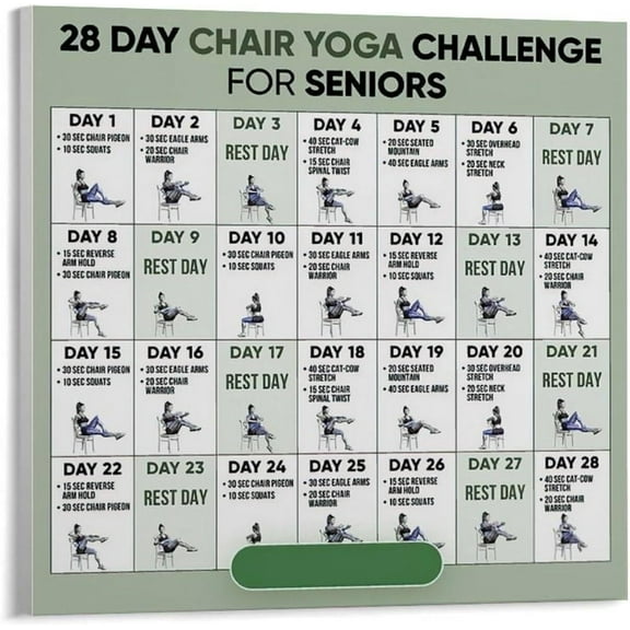 28 Day Chair Yoga Chart Home Yoga for Seniors Training Guide Poster (1) Canvas Print Wall Art Decoration Living Room Office Bedroom Aesthetic