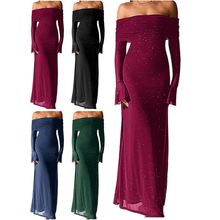 Mifsaly Wedding Guest Dresses for Women Off Shoulder Sequin Dress Bodycon Maxi Evening Gowns Flowy Cocktail Party Fashion Outfits 2026 XS