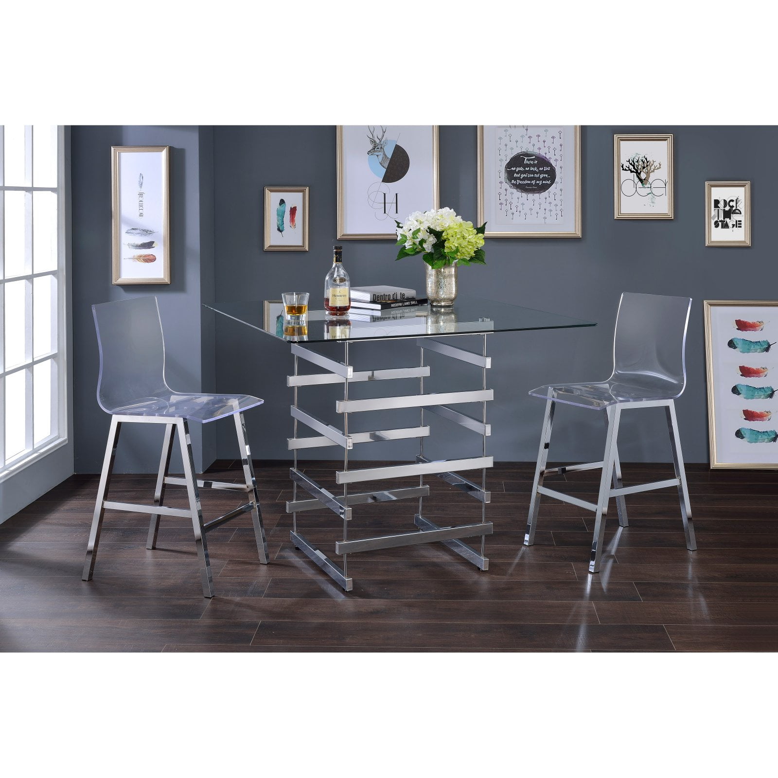 ACME Nadie Counter Height Table, Clear Glass and Chrome