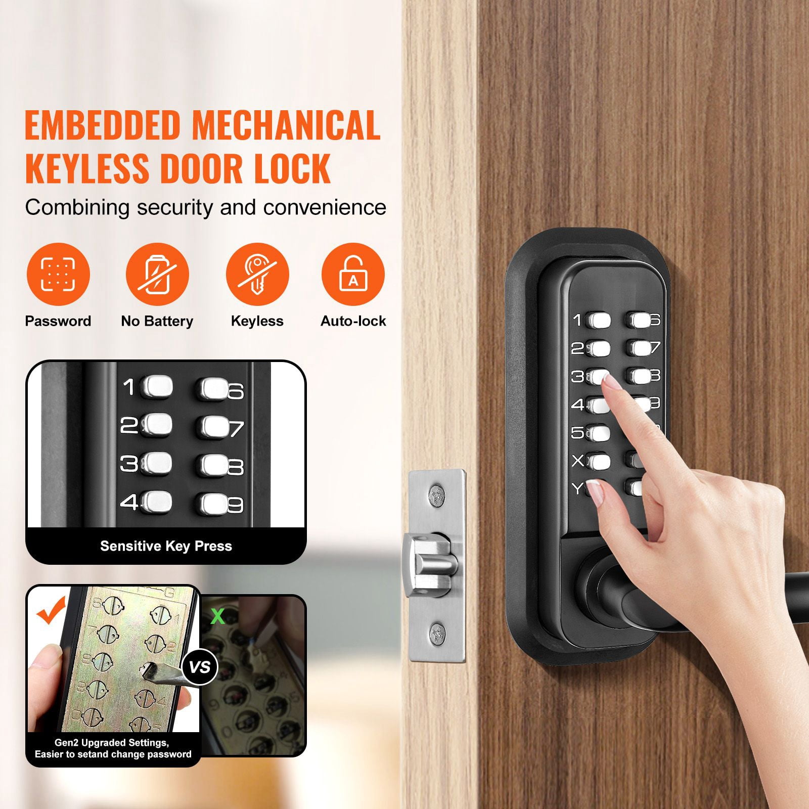 Mechanical Keyless Door Lock Gen2 Adjustable Handles Surface Mount 1.4-2.5 Inch Door Compatibility Zinc Alloy No Batteries for Gate Garden Garage