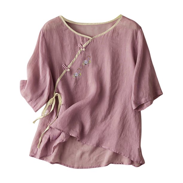 Camiseta holgada de algodón y lino con cuello en V y mangas 3/4 para mujer - Top informal de color liso con detalles intrincados, tallas M-XXXXL