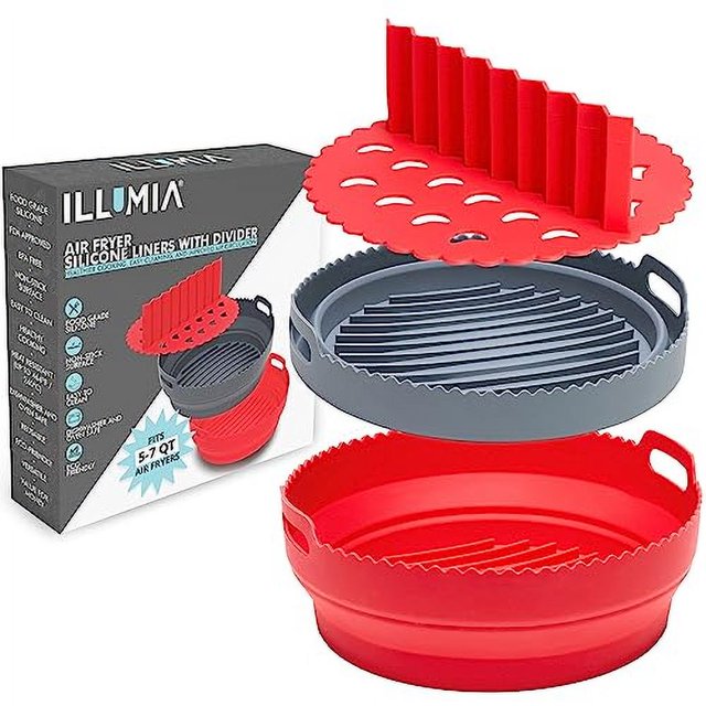 Premium Lot de 2 Doublures Réutilisables en Silicone pour Friteuse à Air Chaud avec Insert de Séparateur - Doublures Rondes Pliables de 8 Pouces pour Panier de Friteuse à Air 5QT et Plus - Inserts de Doublure de Panier de Friteuse à Air Idéal pour un Nettoyage Facile